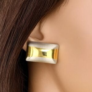 Gold, Silver Dual-Tone Stud Earrings Modern Stripe Design, 0.5x1 Fashion Jewelry